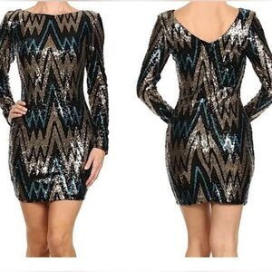 VA VA VOOM #39 Long-Sleeve Gold Sequin Bodycon Chevron Dress - Black, Blue, Gold